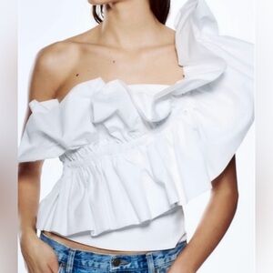Zara White Ruffled One Shoulder Asymmetrical Blouse